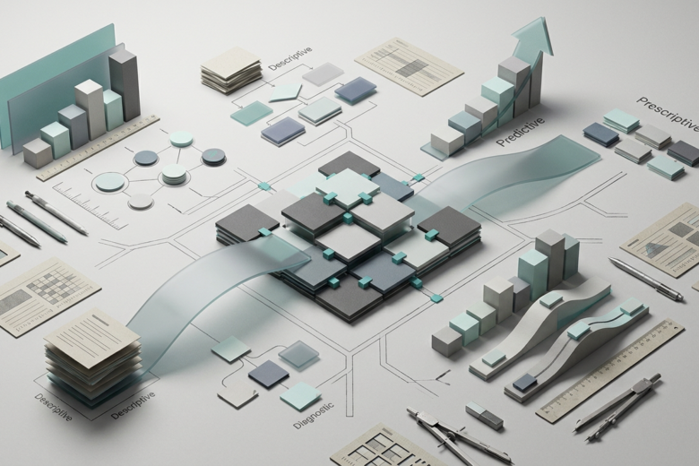 Types of business analytics including descriptive, diagnostic, predictive and prescriptive analytics
